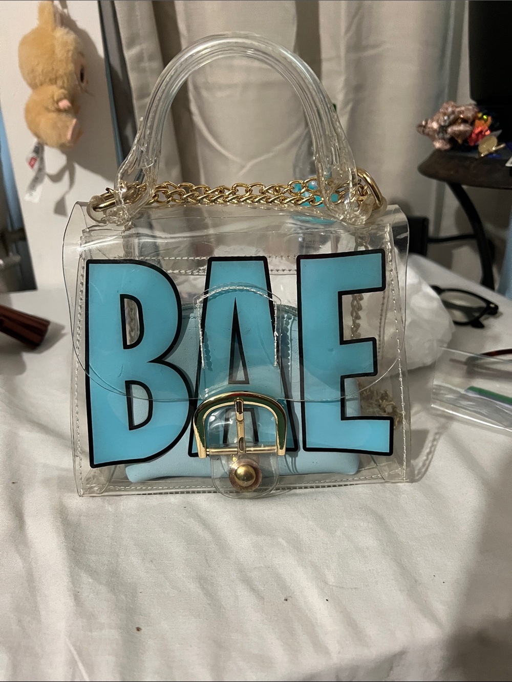 Clear Mini Tote with Blue 'BAE' Lettering and Gold Chain